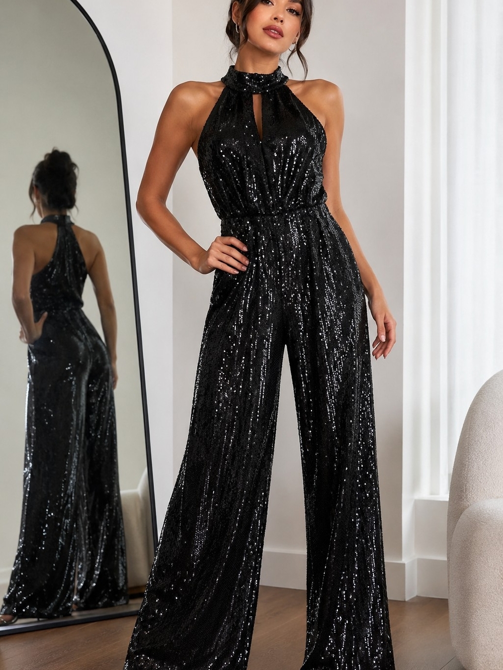 Michael Kors Black Sequin Halter Wide Leg Jumpsuit Size Small Glam Evening